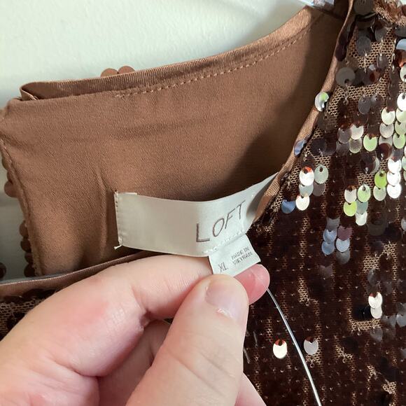 LOFT XL Brown Fully Sequined Shimmer Short Sleeve Dressy Holiday Blouse - NEW - Picture 4 of 8